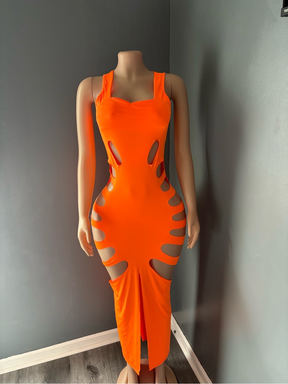 One-Shoulder Orange Cutout Bodycon Midi Dress